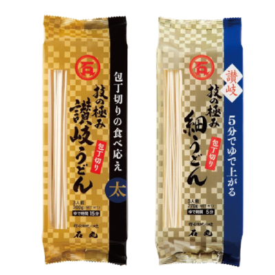 Waza no Kiwami Sanuki Udon Cutting Knife product packaging with traditional Sanuki udon noodles featuring an extra-thick texture.
