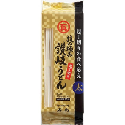 Pack of Waza no Kiwami Sanuki Udon Cutting Knife noodles, showcasing traditional handmade process. Contains wheat allergens. 300g net, serves 3.