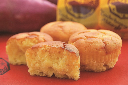 Naruto Kintoki sweet potato cake, moist and rich in flavor, made with Tokushima's finest sweet potatoes, displayed on a red background.