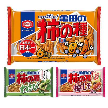 KAMEDA Kaki no Tane Rice Cracker and Peanuts 6P in original, wasabi, and ume shiso flavors. Japanese snack with soy sauce flavor.