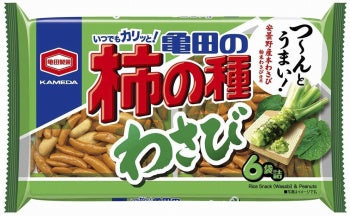 KAMEDA Kaki no Tane Wasabi Rice Crackers and Peanuts 6P pack with spicy wasabi flavor.