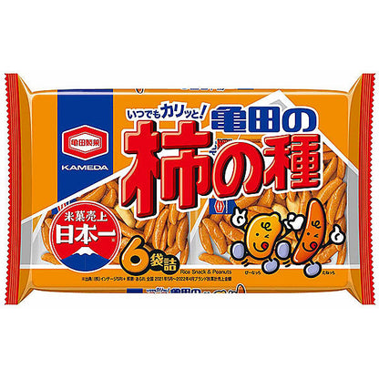 KAMEDA Kaki no Tane Rice Cracker and Peanuts 6P package with savory soy sauce flavor, featuring original crispy texture.