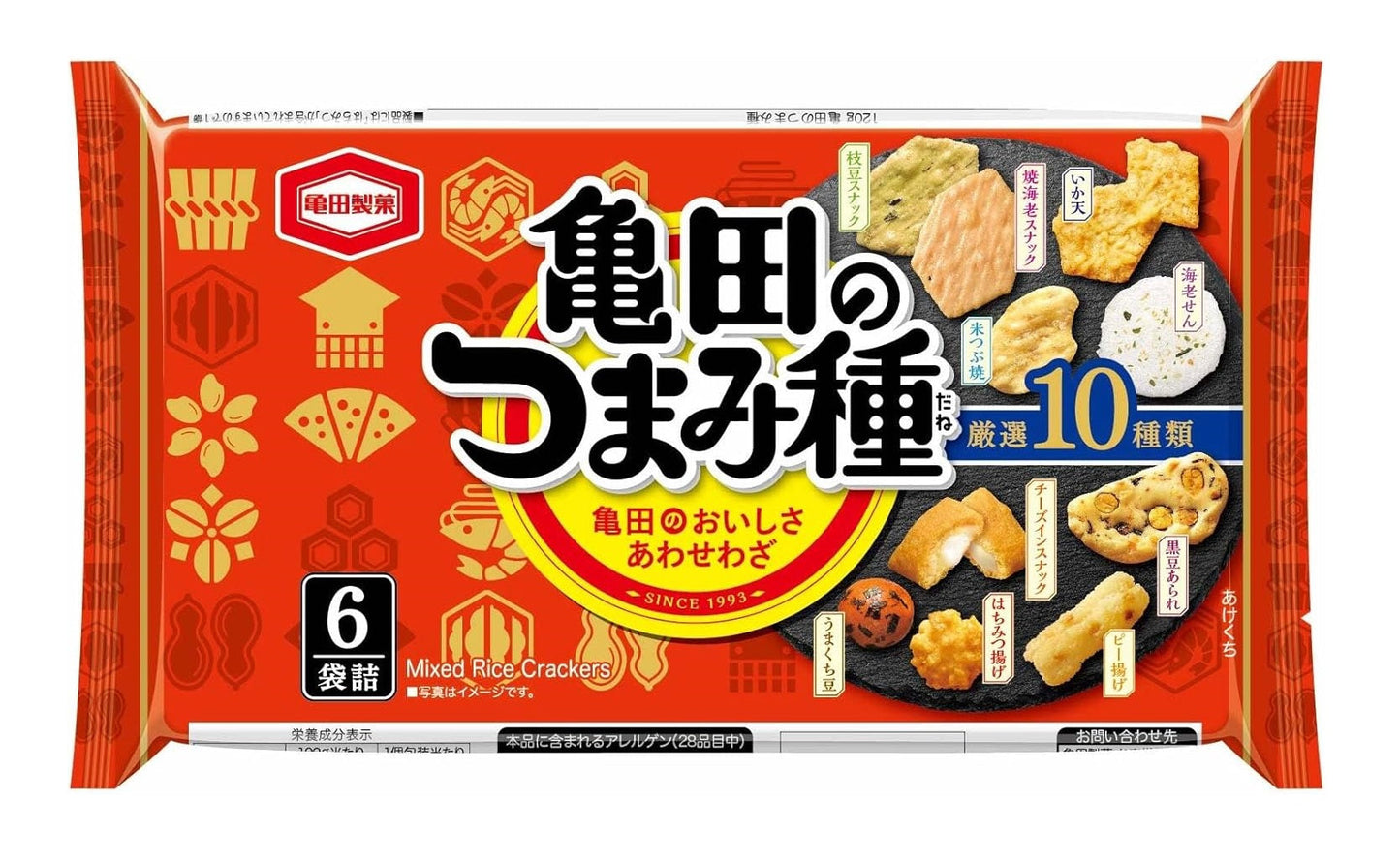 Tsumamidane Mixed Rice Crackers package featuring 10 assorted snacks, including squid tempura and Arare, suitable for adults.
