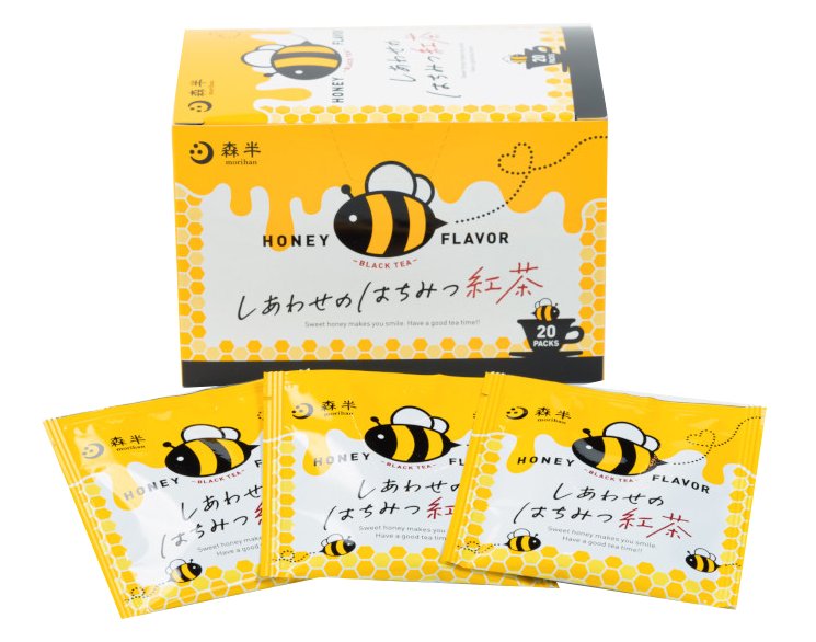 Morihan Black Tea with Honey Flavor, box and individual sachets, 20 bags, sweet honey aroma, Japanese product packaging.