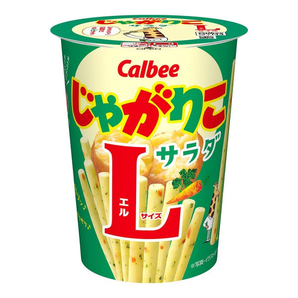 Jagarico Potato Snack L Size in salad flavor with carrot and parsley, featuring crunchy sticks in green packaging by Calbee.