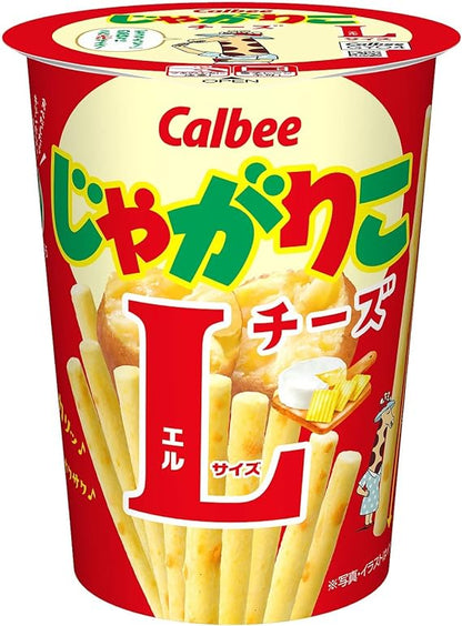 Jagarico L size cheese potato snack, crunchy with cheddar flavor, packaged in a red cup. Contains dairy and soybean allergens.