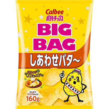 Bag of lightly salted potato chips with vibrant packaging featuring a cartoon character and Japanese text. 160g size, great value.
