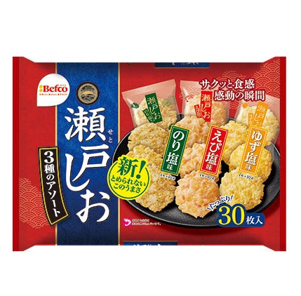 KURIYAMA Seto no Shio-age Rice Cracker Assortment with shrimp flavor, crispy texture, and seasoned with Seto no Honjio salt, 30 pieces.