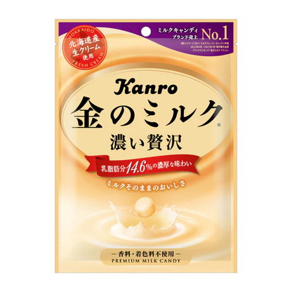 KANRO Premium Milk Candy package featuring luxurious dairy ingredients, highlighting 14.6% milk fat content, authentic Japanese treat.