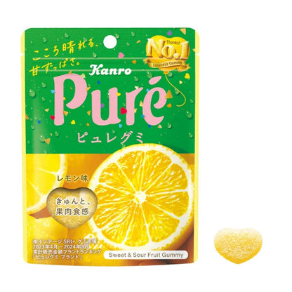 KANRO Pure Fruit Gummy packaging featuring lemon flavor with sour powder and juicy texture, highlighting sweet and sour taste.