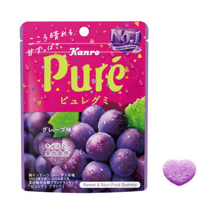 KANRO Pure Fruit Gummy in grape flavor, with sour powder and juicy texture, showcasing a heart-shaped purple gummy.