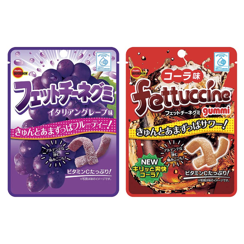 Packaging of Fettuccine Gummy Candy in Italian Grape and Cola flavors with al dente texture and sweet-sour taste.