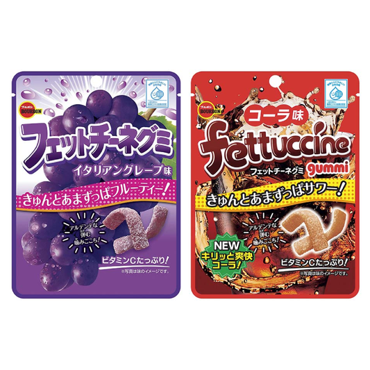 Packaging of Fettuccine Gummy Candy in Italian Grape and Cola flavors with al dente texture and sweet-sour taste.