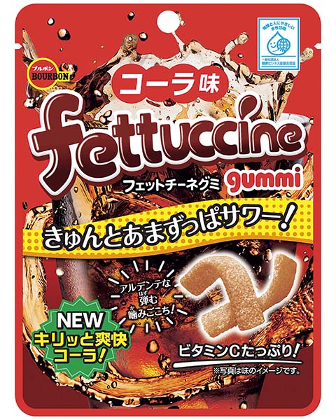 Bourbon Fettuccine gummy candy packaging with cola flavor, featuring sour and sweet taste with al dente texture.