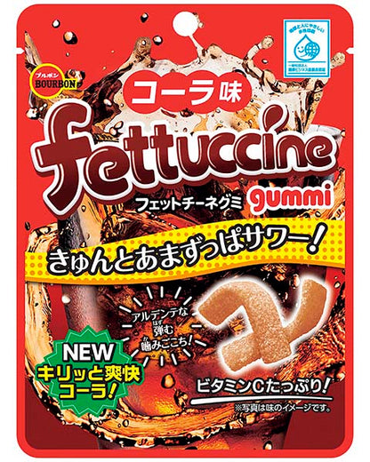Bourbon Fettuccine gummy candy packaging with cola flavor, featuring sour and sweet taste with al dente texture.