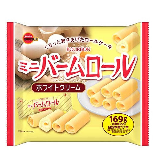 Bourbon Mini Baum Roll White Cream Cake 169g package showing rolled cakes, common allergens: dairy, wheat, soybean, egg.