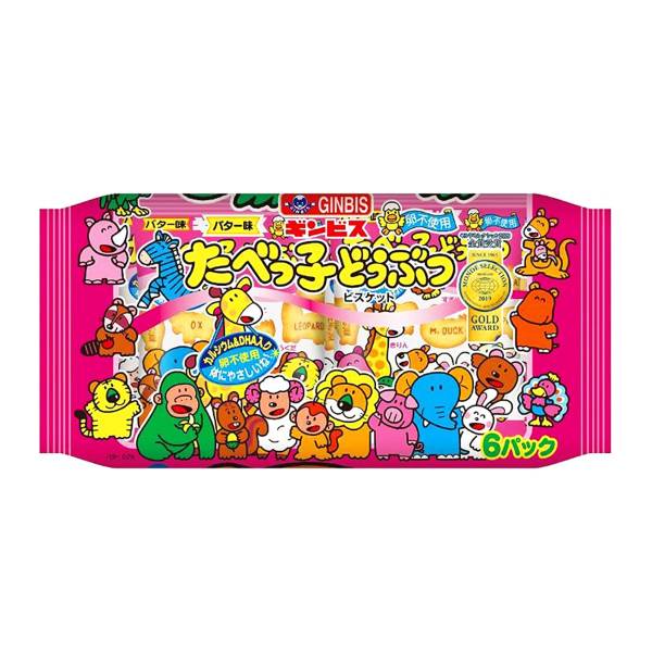 Tabekko Doubutsu Butter Biscuit family pack with 6 bags featuring colorful animal illustrations. Contains dietary fiber; allergens: dairy, wheat.