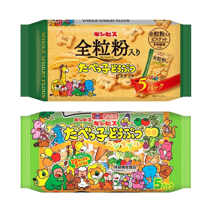 Tabekko Animal Shaped Biscuit 5P with whole wheat, 22 vegetables, and fruit on colorful packaging, featuring animal cartoon designs.