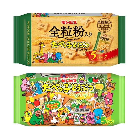 Tabekko Animal Shaped Biscuit 5P with whole wheat, 22 vegetables, and fruit on colorful packaging, featuring animal cartoon designs.