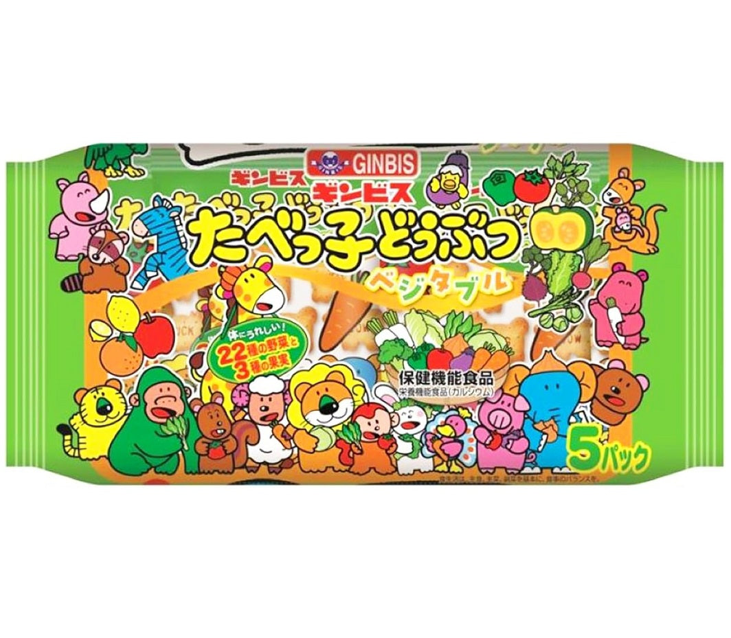 Tabekko Animal shaped Biscuits 5P with whole wheat and vegetables. Includes wheat, dairy, soybean allergens. Bright packaging.