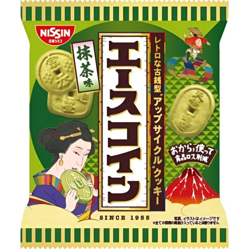 Nissin matcha-flavored coin cookies packaging with traditional Japanese art and vintage design elements.