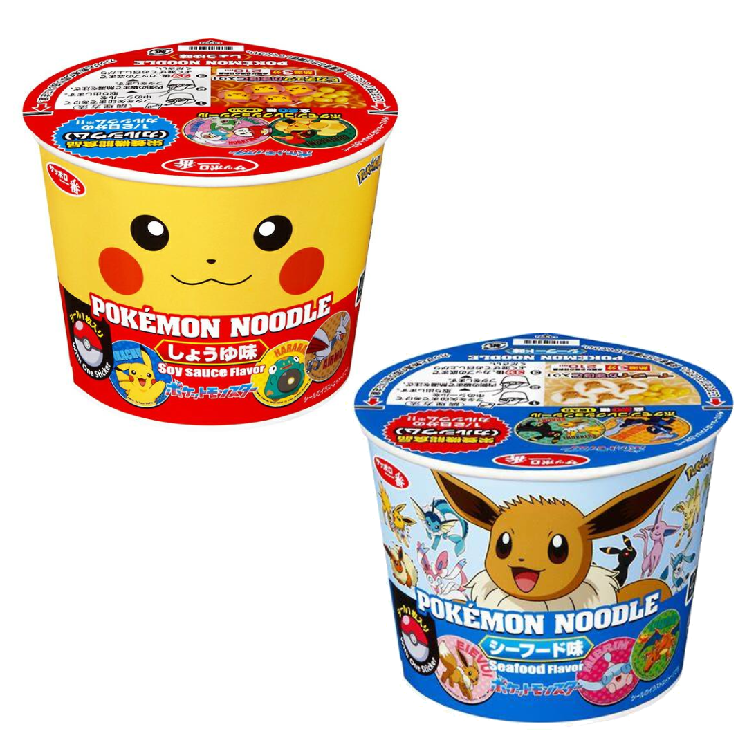Two cup noodles with Pokemon designs: Pikachu-themed soy sauce flavor and Eevee-themed seafood flavor, ideal for fans and collectors.