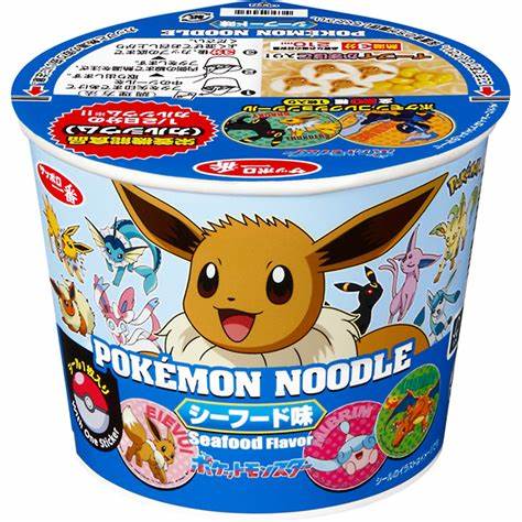 Pokemon Noodle cup with Eevee design, featuring seafood flavor, and colorful Pokemon characters around the lid.