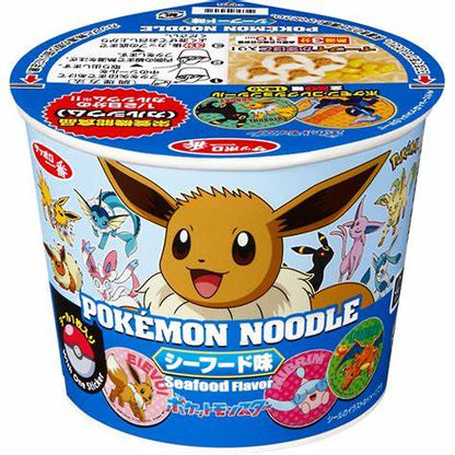Pokemon Noodle cup with Eevee design, featuring seafood flavor, and colorful Pokemon characters around the lid.