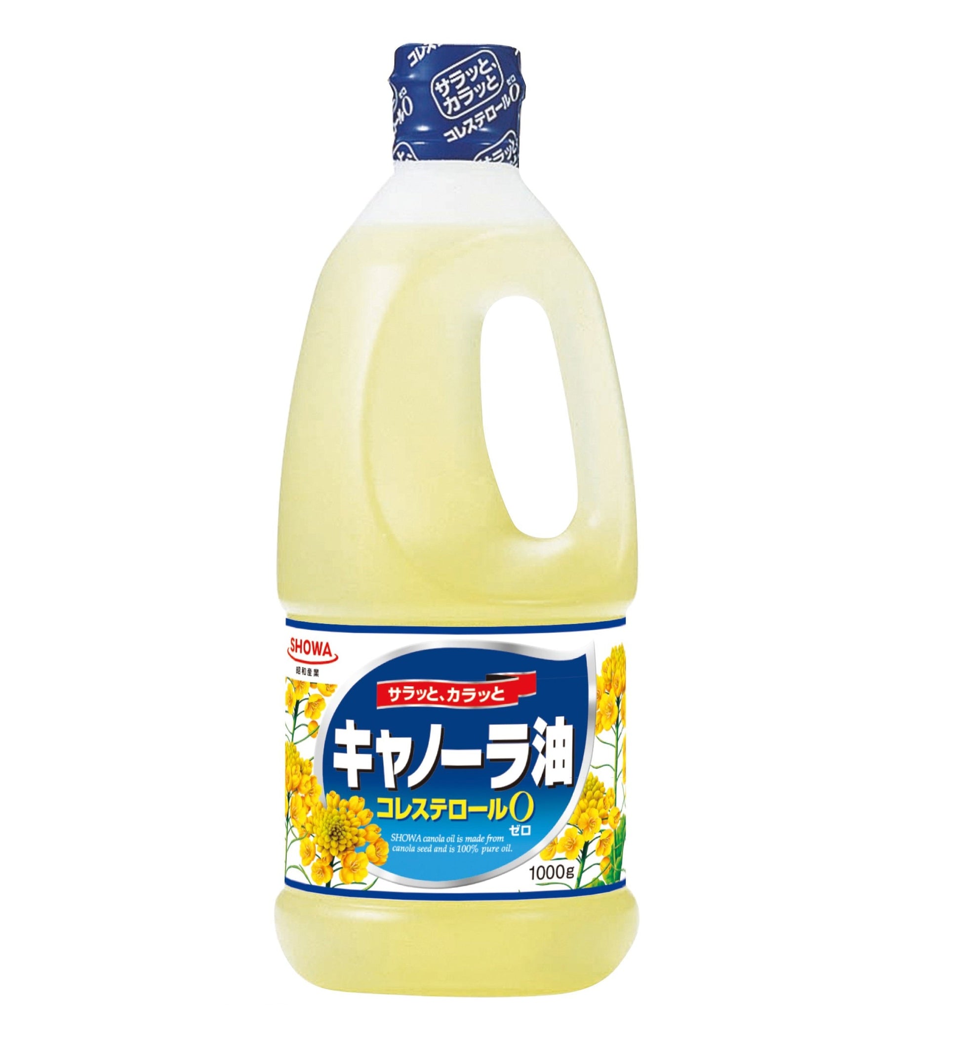 Canola Oil Handy 1000g bottle with Japanese label, light yellow color, suitable for frying and stir-frying dishes, pure rapeseed oil.