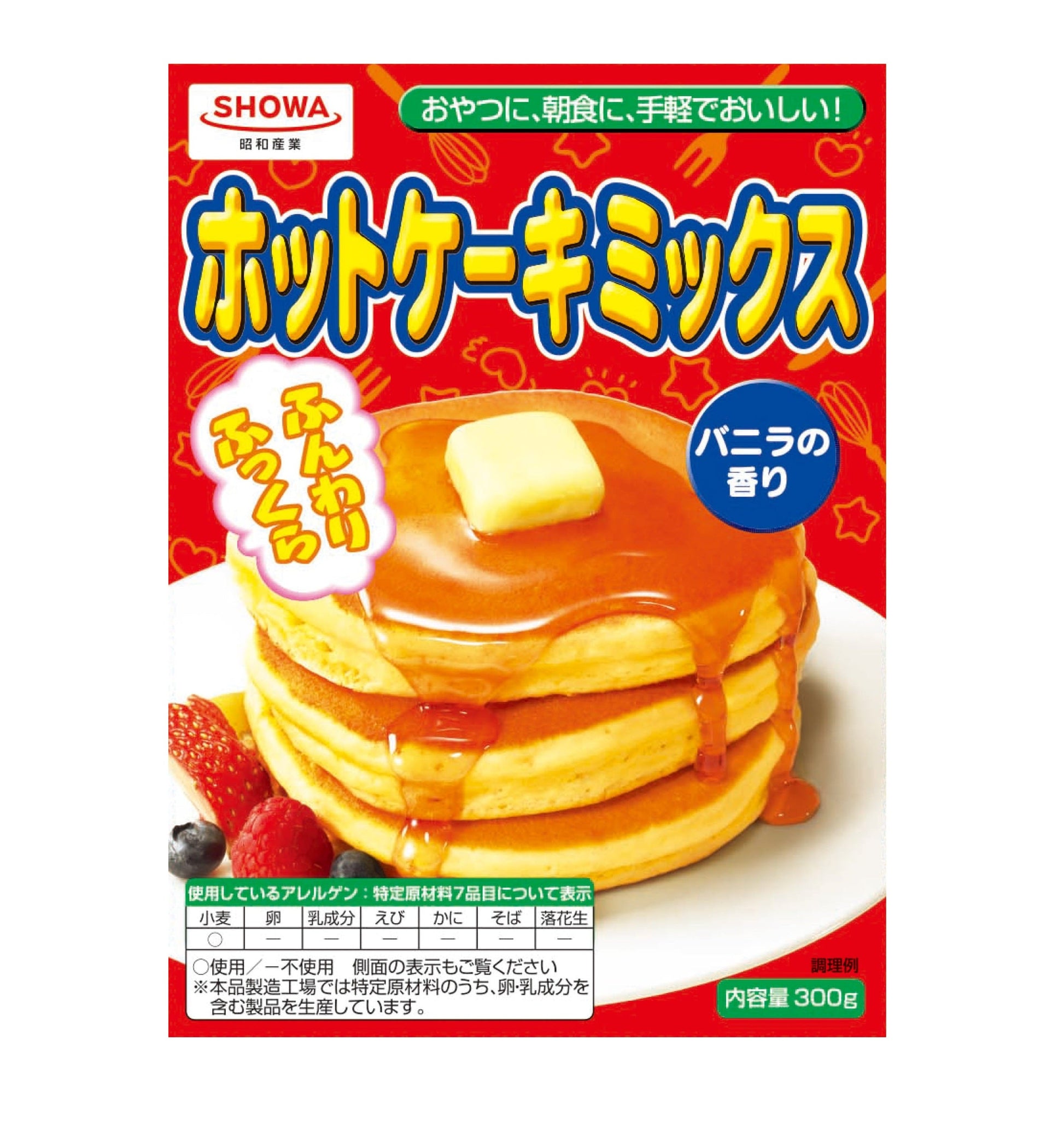 Hot Cake Mix 300g package featuring pancakes with syrup and butter, ideal for making fluffy, vanilla-scented pancakes and sweets.