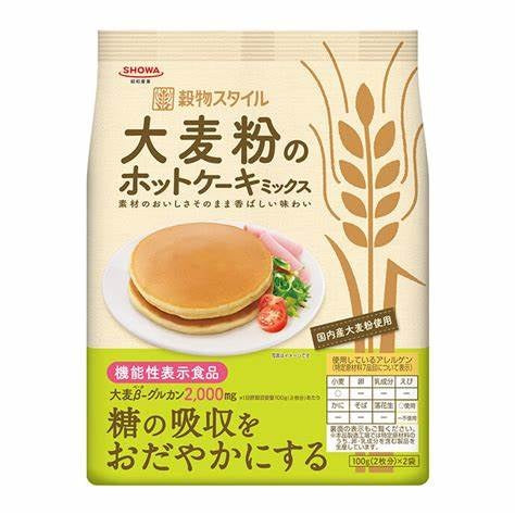 SHOWA SANGYO Barley Flour Hot Cake Mix 100g X 2P with beta-glucan, reduces sugar absorption, features pancake and ingredients.