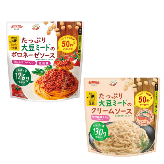 Sauce packets showing Bolognese and Cream soy meat options, 140g each, high protein, low fat, with tomatoes and Hokkaido salmon.