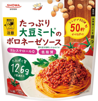 Sauce with Soy Meat 140g packaging, Bolognese flavor, featuring soy meat with 12.6g protein, low fat, no cholesterol, microwavable, allergy info shown.