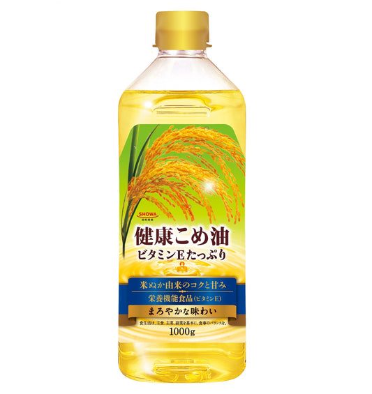Healthy Rice Bran Oil 1000g bottle, rich in vitamin E, ideal for frying and adding mild sweetness to Japanese, Western, and Chinese dishes.