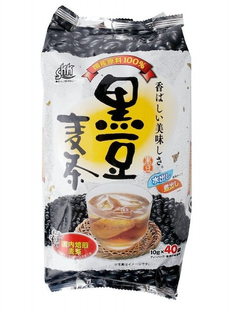 Packaging of Japanese barley tea bags with black soybeans, showcasing savory aroma and caffeine-free blend.