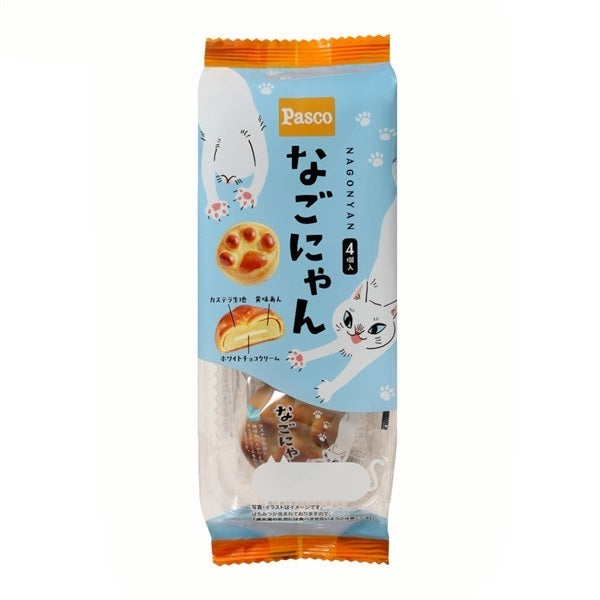 Nagonyan Castella Manju in cat paw shape, filled with bean paste and white chocolate, 4-pack packaging.