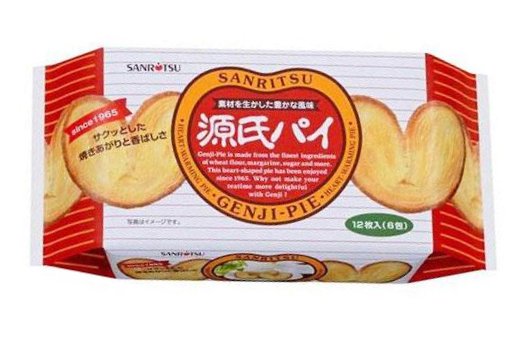 SANRITSU Genji Pie heart-shaped biscuits in a red and white package, crispy baked with flour, margarine, and sugar. 12 pieces included.