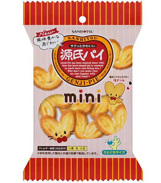 SANRITSU Genji Pie heart-shaped biscuits in packaging, crispy and savory snack ideal for children and adults, loved since 1965.