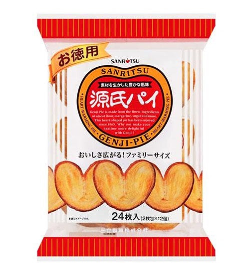 SANRITSU Genji Pie heart-shaped biscuits packaging, showing crispy, savory snacks made with flour, margarine, and sugar.