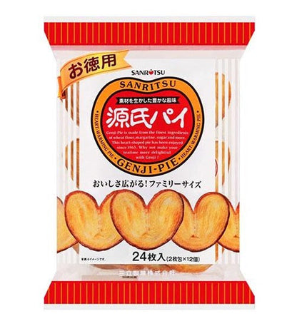 SANRITSU Genji Pie heart-shaped biscuits packaging, showing crispy, savory snacks made with flour, margarine, and sugar.
