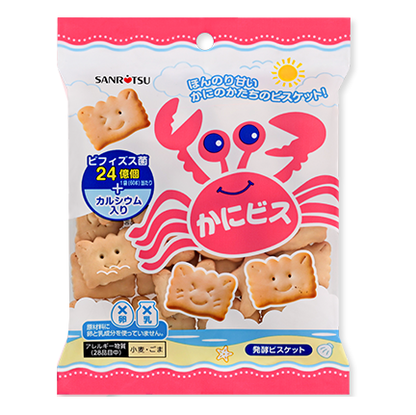Crab Shaped Biscuits 60g in a small bag, featuring sweet fermented cookies with bifidobacteria and calcium. Contains wheat and sesame.