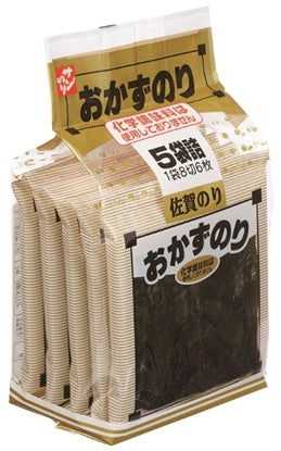 Saga Okazu Nori Seaweed 5P, seasoned laver from Saga, additive-free, no chemical seasonings, allergens: wheat, soybean.