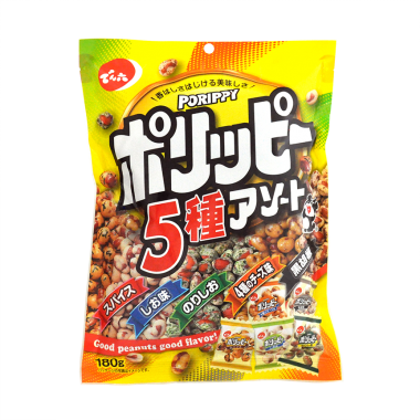 Package of Porippy Peanut Snack Assortment with five flavors: soy sauce, salty, seaweed & salt, black pepper, and 4 cheese.