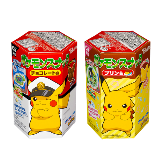 Pokémon snack boxes featuring Pikachu-shaped chocolate and pudding flavored corn puffs with collectible sticker.