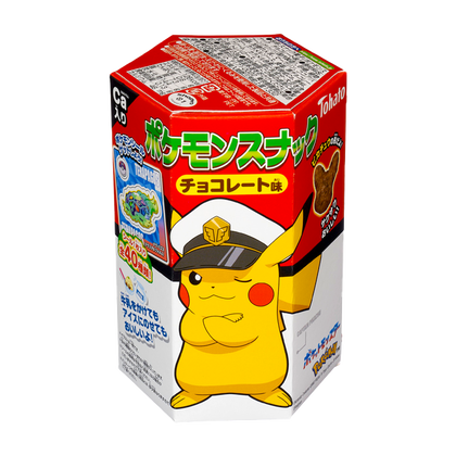 Pokémon chocolate snack box featuring Pikachu design, includes sticker, high in calcium, chocolate flavor, contains dairy and soy.
