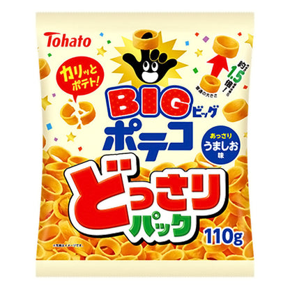 Value Pack Poteko Potato Snack with umashio flavor, 110g. Large bag with crispy, salted potato rings for a tasty snack.