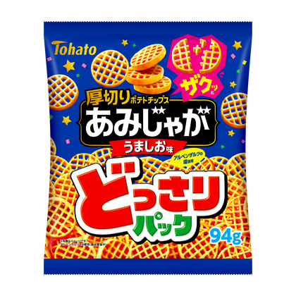 Value Pack Amijaga Potato Chips <Salt> net shaped crisps with rich french fry flavour, allergenic contents: dairy, wheat, beef.