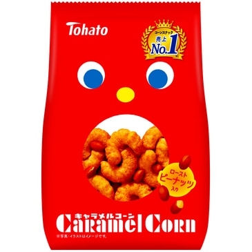 Red bag of Tohato Caramel Corn Snack with roasted peanuts, soft and crispy, featuring salted caramel flavor.