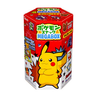 Pokemon Chocolate Snack Mega Box featuring Pikachu-shaped corn puffs, B4 poster included. Contains dairy and soybean allergens.