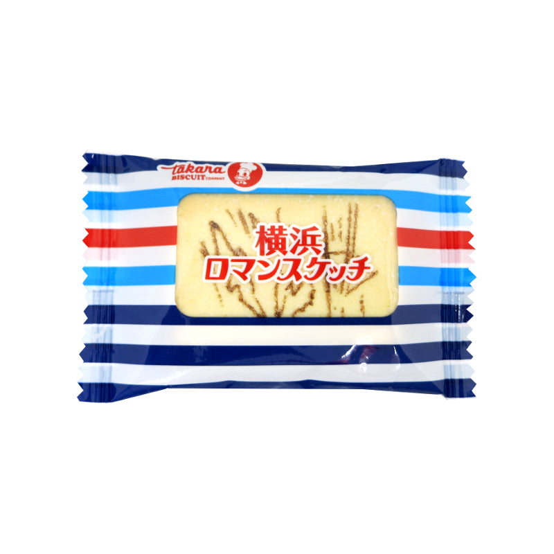 Yokohama Romance Cookie with landmark print, vanilla cream, in colorful packaging. Contains wheat, egg, dairy, soybean. Ideal souvenir treat.
